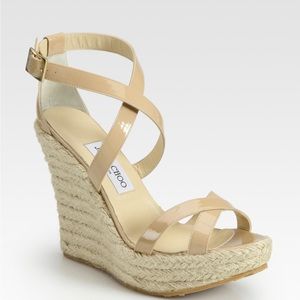 JIMMY CHOO PORTO CRISSCROSS ESPADRILLE WEDGE SANDALS NUDE PATENT LEATHER SZ 39.5